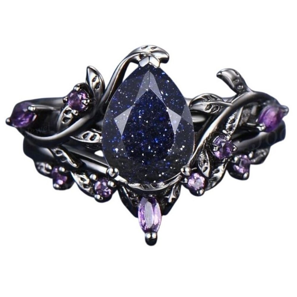 Pear Cut Blue Sandstone & Amethyst 2 piece Bridal Wedding engagement ring set